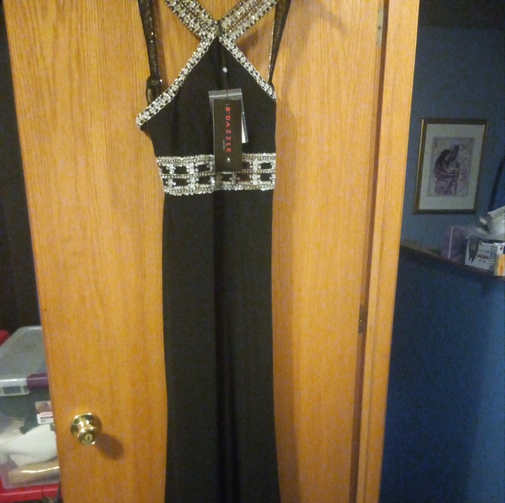 B Dazzle Maxi dress, long Black Gown, embellished waist and straps, sz 4